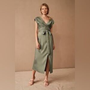 BHLDN Louisa Satin‎ Charmeuse Green Midi Dress Wedding Party Size 6 Bridal Wrap